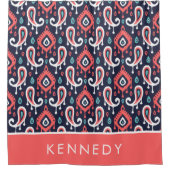 Navy and Coral Ikat Paisley Monogram Douchegordijn (Voorkant)