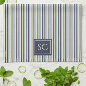 Navy And Cream Striped Pattern Monogrammed Theedoek (Gevouwen)