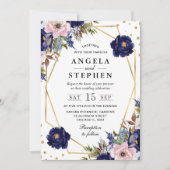 Navy and Cream Summer Flowers Gold Lijst Wedding Kaart (Voorkant)