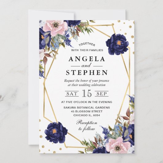 Navy and Cream Summer Flowers Gold Lijst Wedding Kaart (Voorkant)