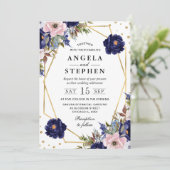 Navy and Cream Summer Flowers Gold Lijst Wedding Kaart (Staand voorkant)