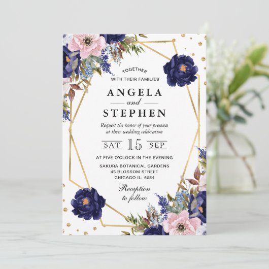 Navy and Cream Summer Flowers Gold Lijst Wedding Kaart (Staand voorkant)