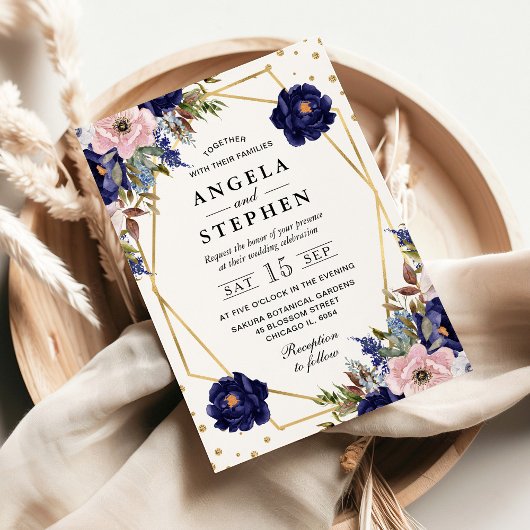 Navy and Cream Summer Flowers Gold Lijst Wedding Kaart