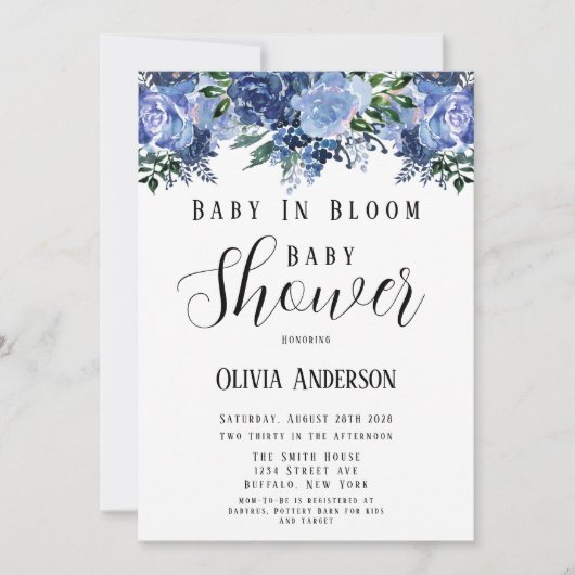 Navy and Dusty Blue Baby in Bloom Baby shower Kaart (Voorkant)