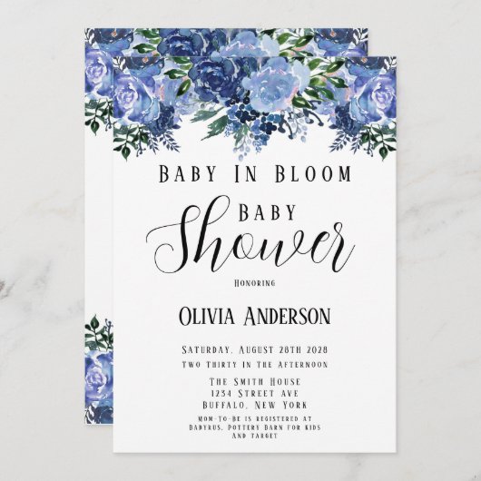 Navy and Dusty Blue Baby in Bloom Baby shower Kaart (Voorkant / Achterkant)