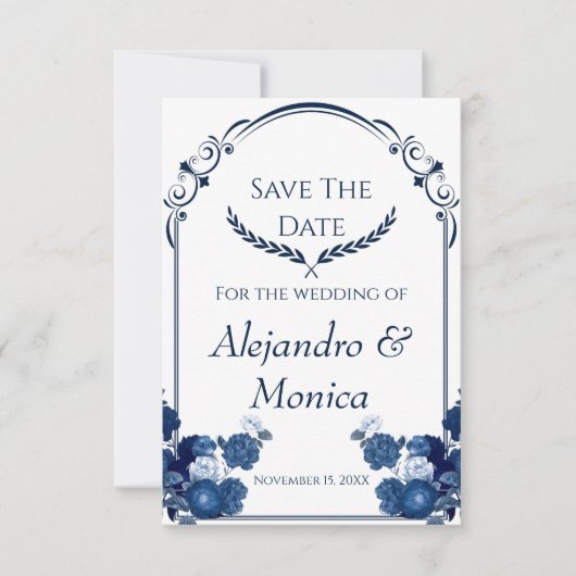 Navy and Dusty Blue Floral Classic Save The Date (Voorkant)