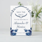 Navy and Dusty Blue Floral Classic Save The Date (Staand voorkant)
