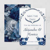Navy and Dusty Blue Floral Classic Save The Date (Voorkant / Achterkant)