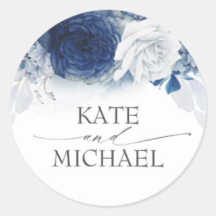 Navy and Dusty Blue Floral Wedding Ronde Sticker