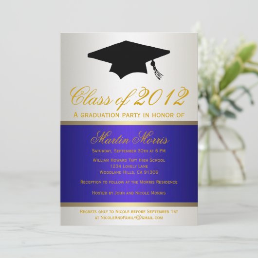 Navy and Gold Afstuderen Invitation Kaart (Staand voorkant)