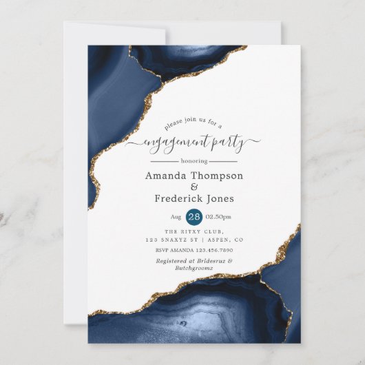 Navy and Gold Agate Engagement Party Kaart (Voorkant)