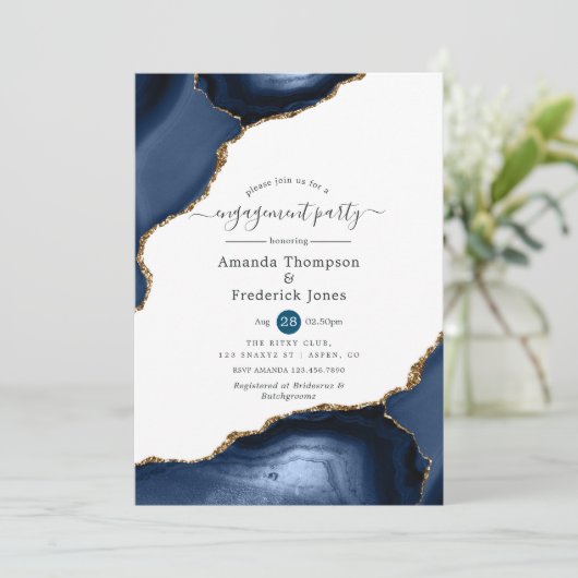 Navy and Gold Agate Engagement Party Kaart (Staand voorkant)