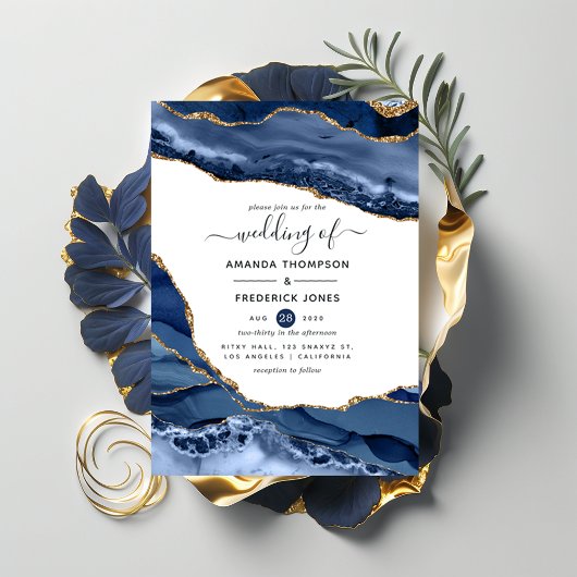 Navy and Gold Agate Wedding Kaart