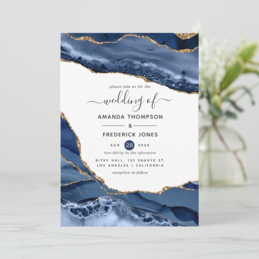 Navy and Gold Agate Wedding Kaart (Staand voorkant)
