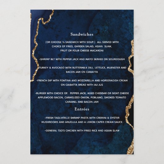 Navy and Gold Agate Wedding Menu (Achterkant)