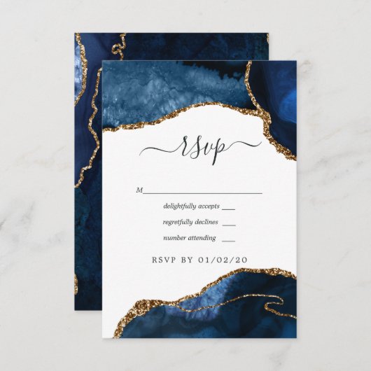 Navy and Gold Agate Wedding RSVP Kaartje (Voorkant / Achterkant)