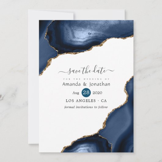 Navy and Gold Agate Wedding Save The Date (Voorkant)