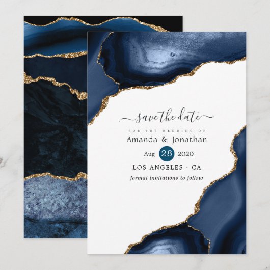 Navy and Gold Agate Wedding Save The Date (Voorkant / Achterkant)
