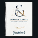 Navy and Gold Ampersand Guestbook Notitieboek<br><div class="desc">Een perfecte hoepnaam voor de beste dag van je leven. Een notitieblok voor het verzamelen van al uw handtekeningen en wensen. Deze laptop is voorzien van een elegant ampersand dat overeenkomt met het Collectie "De marine en Gold Ampersand", maar het is ook geweldig voor alle jachthavens en gouden elegante bruiloften....</div>