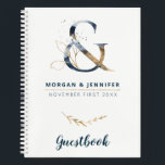 Navy and Gold Ampersand Guestbook Notitieboek<br><div class="desc">Een perfecte hoepnaam voor de beste dag van je leven. Een notitieblok voor het verzamelen van al uw handtekeningen en wensen. Deze laptop is voorzien van een elegant ampersand dat overeenkomt met het Collectie "De marine en Gold Ampersand", maar het is ook geweldig voor alle jachthavens en gouden elegante bruiloften....</div>