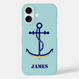 Navy and Gold Anchor met Name Nautical iPhone 16 Hoesje