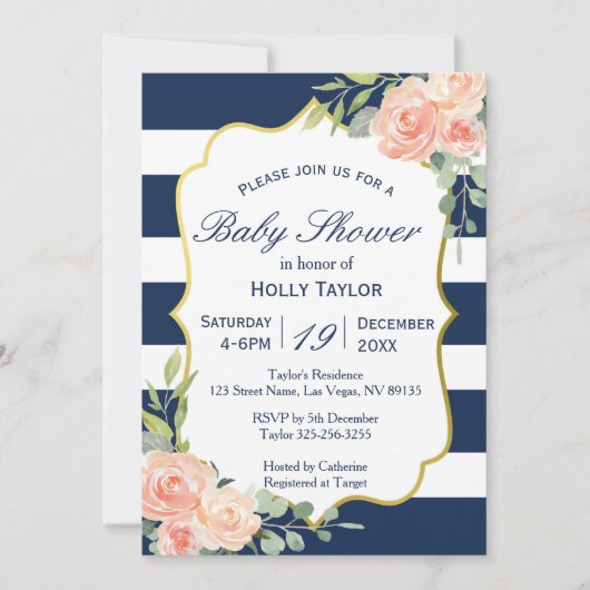 Navy and Gold Baby shower Invitation Kaart (Voorkant)