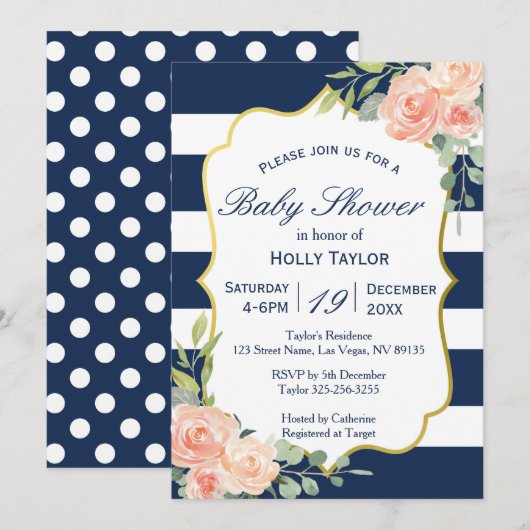 Navy and Gold Baby shower Invitation Kaart (Voorkant / Achterkant)