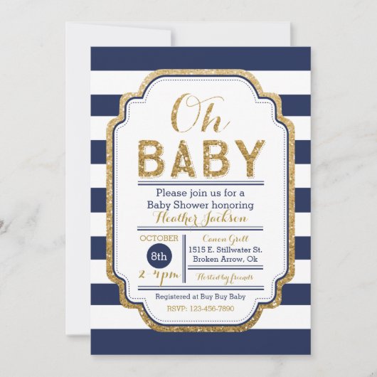 Navy and Gold Baby shower Invitation Kaart (Voorkant)