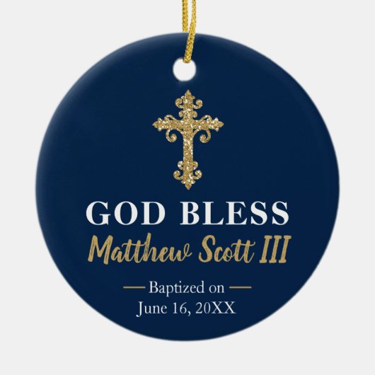 Navy and Gold Boys Baptism Keepomwille Keramisch Ornament (Voorkant)