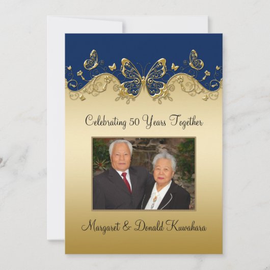 Navy and Gold Butterflies 50th Photo Jubileum Kaart (Voorkant)