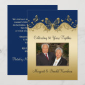 Navy and Gold Butterflies 50th Photo Jubileum Kaart (Voorkant / Achterkant)