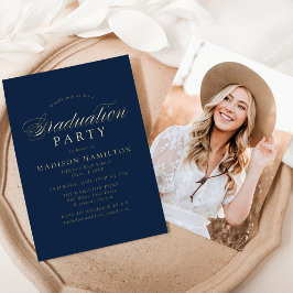 Navy and Gold Calligraphy Photo Graduation Party Folie Uitnodiging