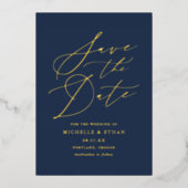 Navy and Gold Calligraphy Photo Save the Date Folie Uitnodiging (Voorkant)
