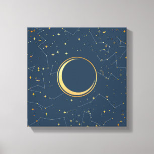Navy and Gold Crescent Moon Eclipse Constellations Canvas Afdruk