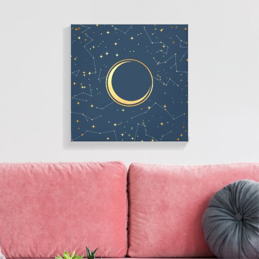 Navy and Gold Crescent Moon Eclipse Constellations Canvas Afdruk (Insitu (Woonkamer))