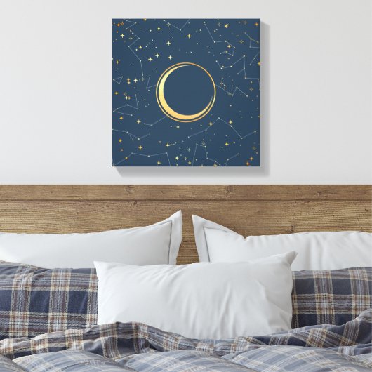 Navy and Gold Crescent Moon Eclipse Constellations Canvas Afdruk (Insitu (Slaapkamer))