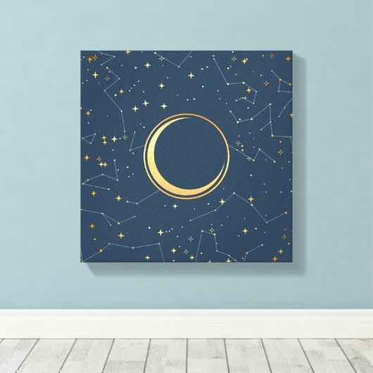 Navy and Gold Crescent Moon Eclipse Constellations Canvas Afdruk (Insitu (Houten vloer))