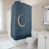 Navy and Gold Crescent Moon Eclipse Constellations Douchegordijn (In situ)