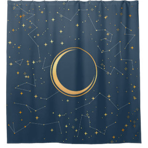 Navy and Gold Crescent Moon Eclipse Constellations Douchegordijn
