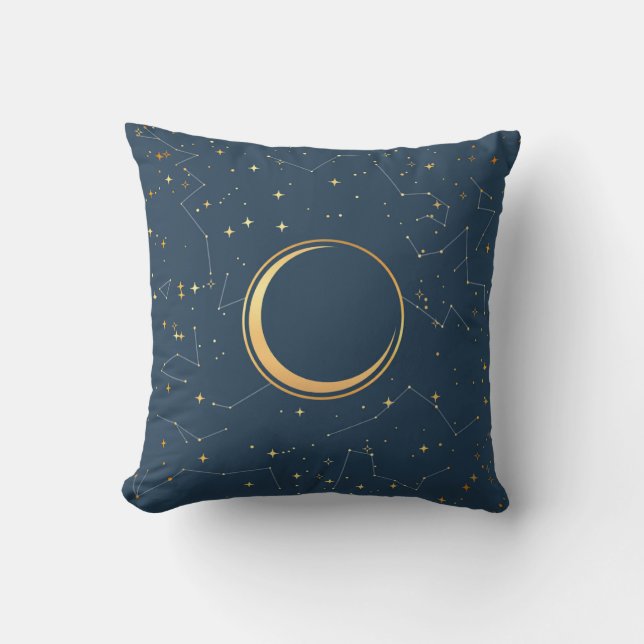 Navy and Gold Crescent Moon Eclipse Constellations Kussen (Voorkant)