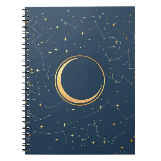 Navy and Gold Crescent Moon Eclipse Constellations Notitieboek (Voorkant)