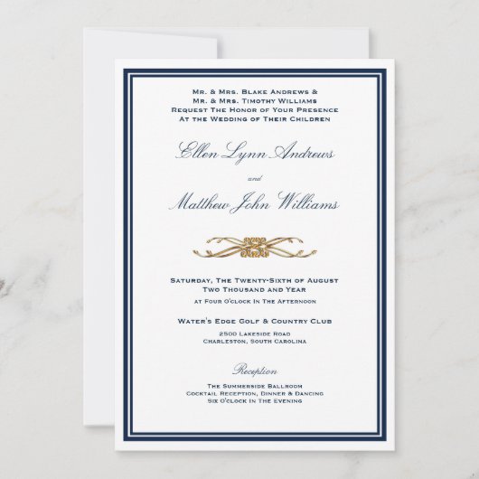 Navy and Gold Elegant Formal Wedding Kaart (Voorkant)