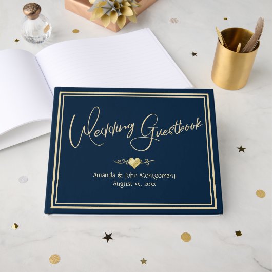 Navy and Gold Elegant Wedding Gastenboek (Voorkant open)