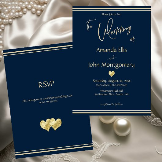Navy and Gold Elegant Wedding with RSVP Kaart