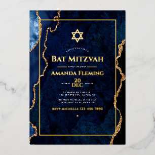 Navy and Gold Faux Agate Bat Mitzvah Foto Folie Uitnodiging