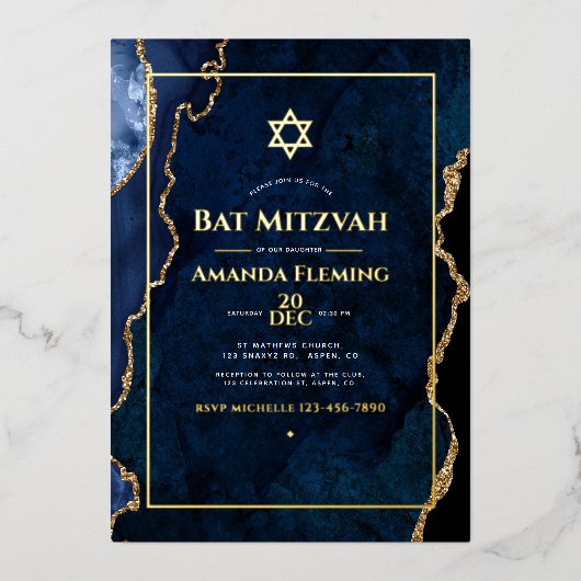 Navy and Gold Faux Agate Bat Mitzvah Foto Folie Uitnodiging (Voorkant)