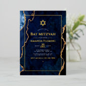 Navy and Gold Faux Agate Bat Mitzvah Foto Folie Uitnodiging (Staand Voorkant)