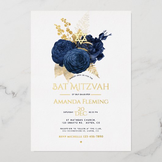 Navy and Gold Floral Bat Mitzvah Foto Folie Uitnodiging (Voorkant)