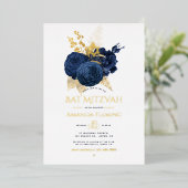 Navy and Gold Floral Bat Mitzvah Foto Folie Uitnodiging (Staand Voorkant)