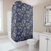 Navy and Gold Floral Pattern Douchegordijn (In situ)